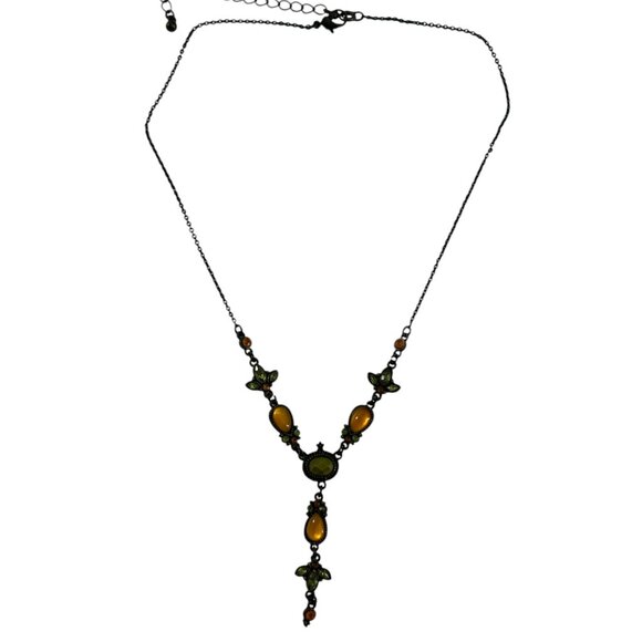 Vintage Nina Ricco Avon Y Lariat Necklace Orange Gunmetal Chain Boho Gothic - Picture 3 of 9